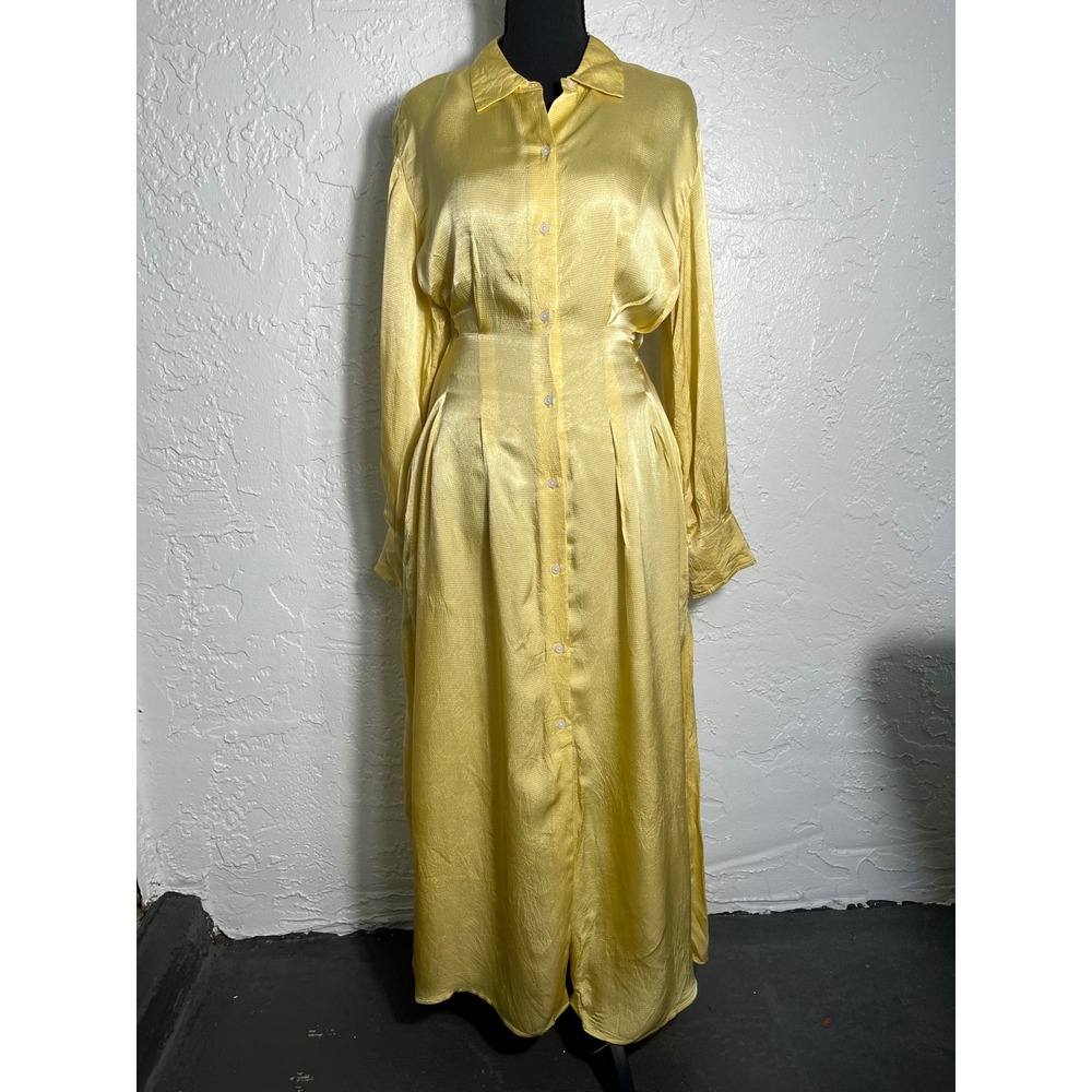 Everlane Yellow Satin Look Pleated Waist Button Front Maxi Dress Size 8